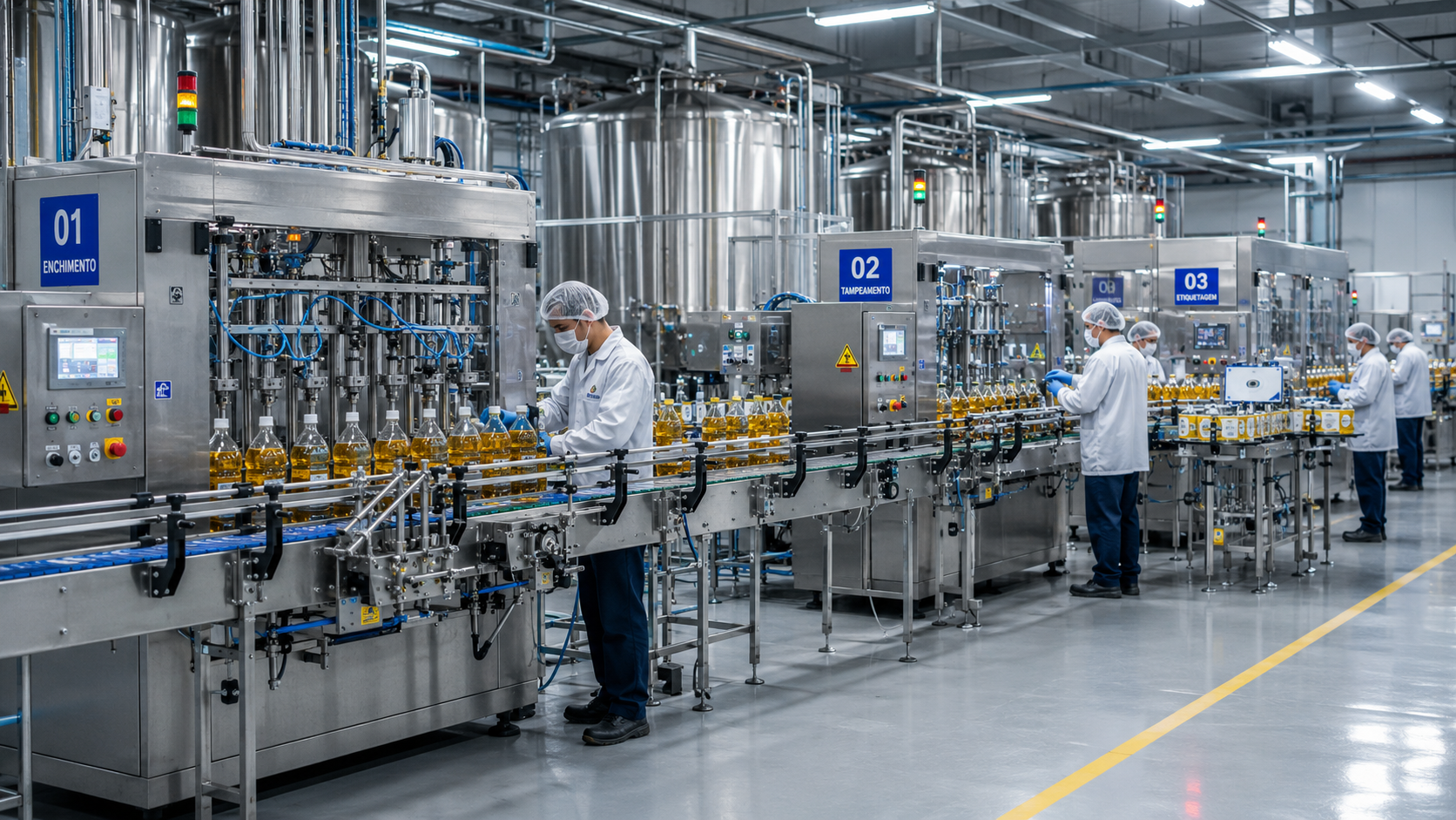 Linha de envase industrial com estações de enchimento, fechamento e 
etiquetagem de produtos em operação contínua